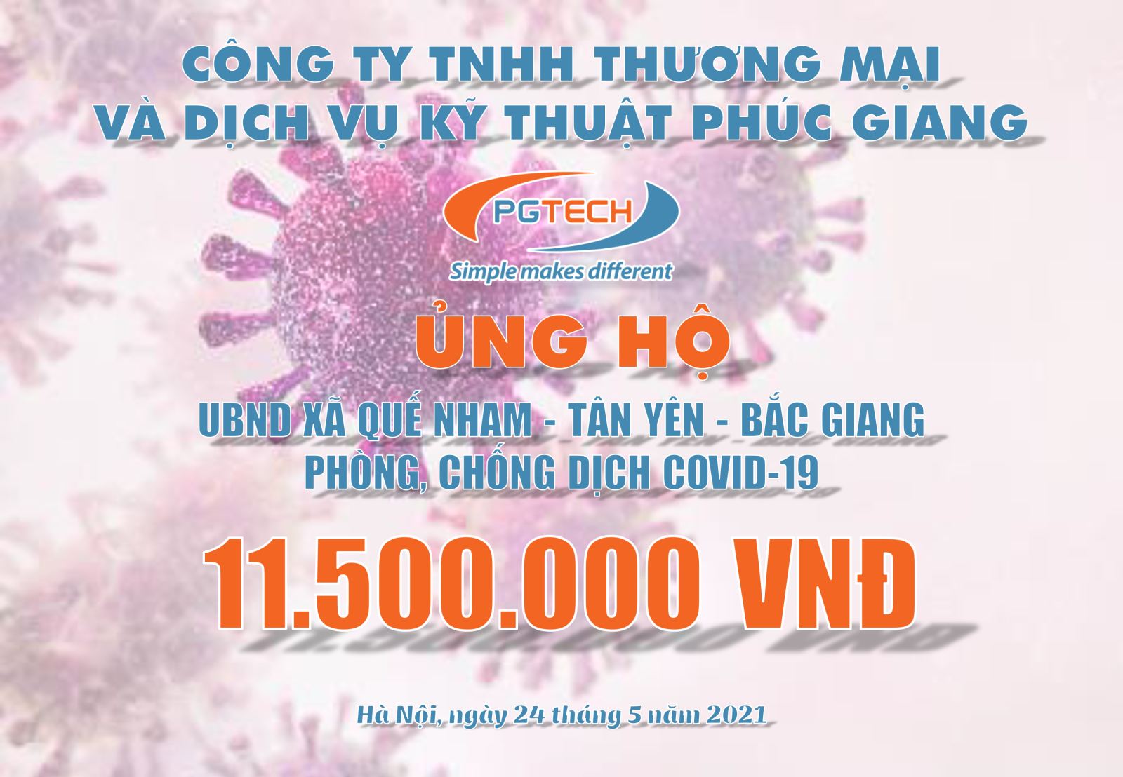 PGTECH ủng hộ quỹ phòng chống Covid-19 trên địa bàn tỉnh Bắc Giang